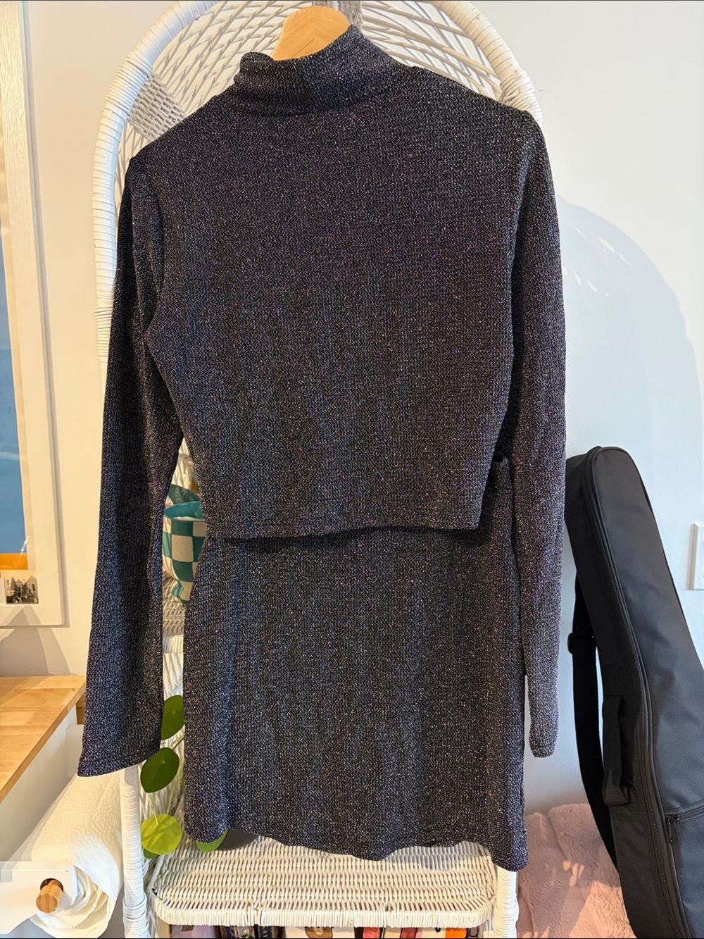 OAK+FORT Metallic Mock Neck Long Sleeve top & Skirt - Black with Silver Sparkle